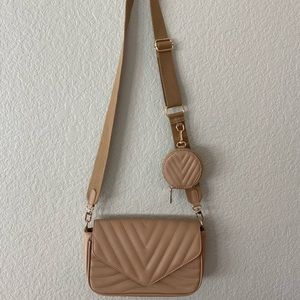 Khaki quilted crossbody purse with detachable strap and coin pouch